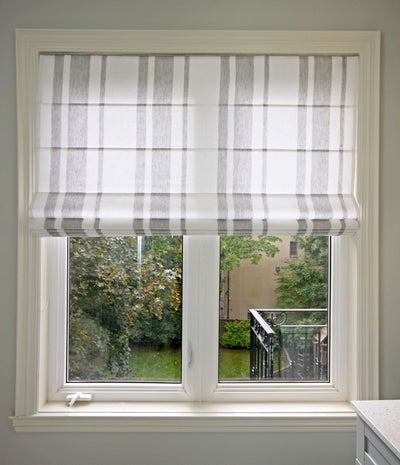 Custom Grey Stripes Flat Linen Roman Shade