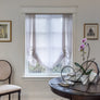 London Sheer Roman Shade "Lucky Earth". Custom made.half closed view