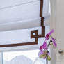 Brown Border White Flat Linen Roman Shade with Greek Key Design