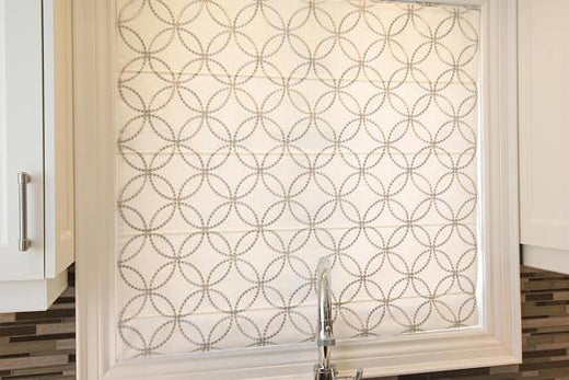 Custom Roman Shade, Metric Silver with geometric embroidery pattern , linen roman shade, chain mechanism, Roman Shades for windows