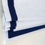 Custom roman shade, flat roman shades with three side 2 inch Navy borders, roman shades with chain mechanism, window treatments