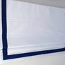 Custom roman shade, flat roman shades with three side 2 inch Navy borders, roman shades with chain mechanism, window treatments