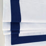 Custom roman shade, flat roman shades with three side 2 inch Navy borders, roman shades with chain mechanism, window treatments