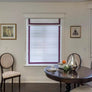 Custom Roman Shade, Flat Roman Shade with valance, " White and Plum border", roman shades with chain mechanism, Custom Windows Treatment
