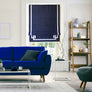 Dark Blue Flat Linen Roman Shade with Greek Key Design