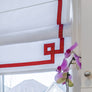 Red Border White Flat Linen Roman Shade with Greek Key Design