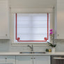 Red Border White Flat Linen Roman Shade with Greek Key Design
