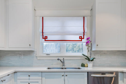 Red Border White Flat Linen Roman Shade with Greek Key Design