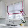 Red Border White Flat Linen Roman Shade with Greek Key Design