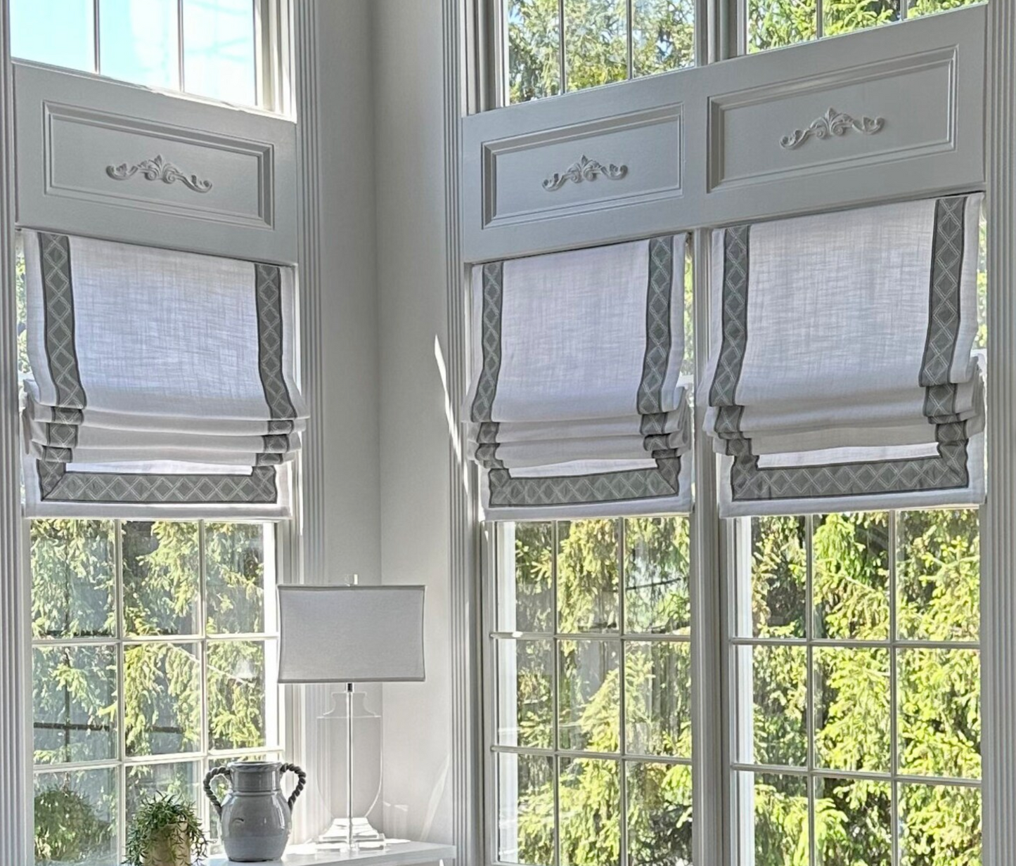 Custom Roman Shade with Decorative Trim Kravet T30744, Relaxed Roman Shade with Chain Mechanism, Custom Window treatments