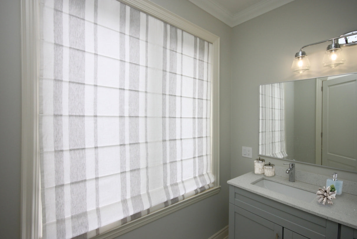Custom Grey Stripes Flat Linen Roman Shade