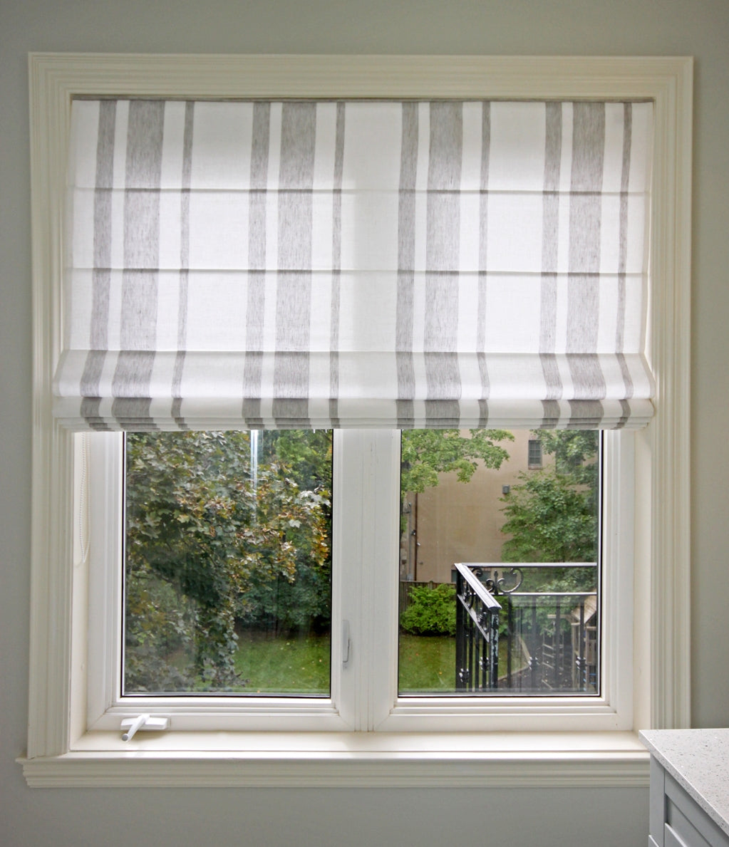 Custom Grey Stripes Flat Linen Roman Shade