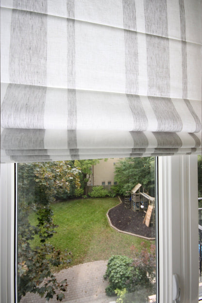 Custom Grey Stripes Flat Linen Roman Shade