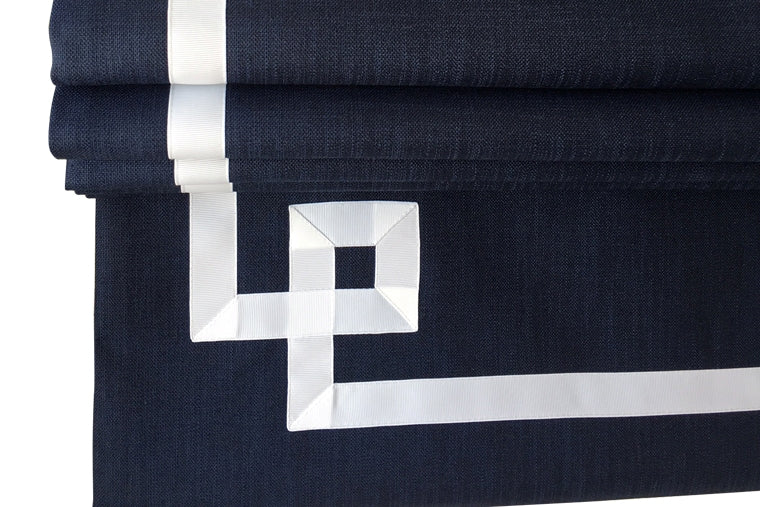 Dark Blue Flat Linen Roman Shade with Greek Key Design