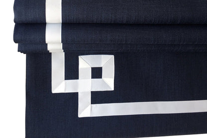 Dark Blue Flat Linen Roman Shade with Greek Key Design