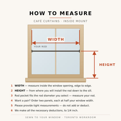 How to measure inside mount cafe curtains: window opening width and height, rod pocket sewn to your rod diameter