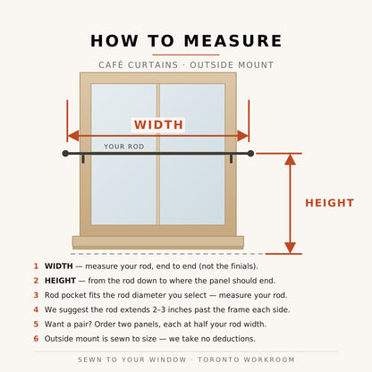How to measure outside mount cafe curtains: rod width end to end and the drop, rod pocket sewn to your rod diameter