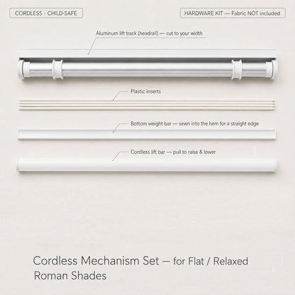 Cordless Roman shade mechanism kit — labeled components: aluminum lift track, plastic inserts, weight bar, cordless lift bar