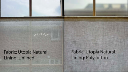 Side-by-side comparison: unlined Utopia Natural cafe curtain vs the same panel with polycotton lining