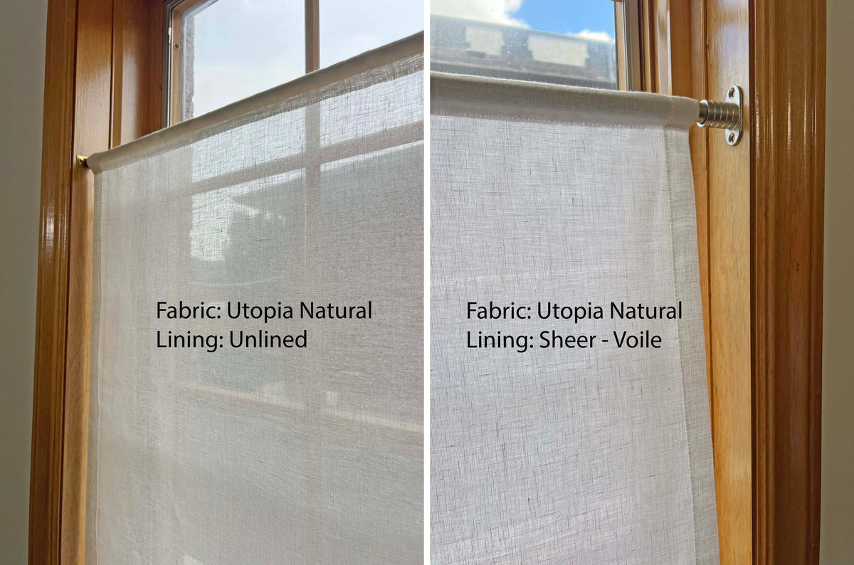 Side-by-side comparison: unlined Utopia Natural cafe curtain vs the same panel with sheer lining