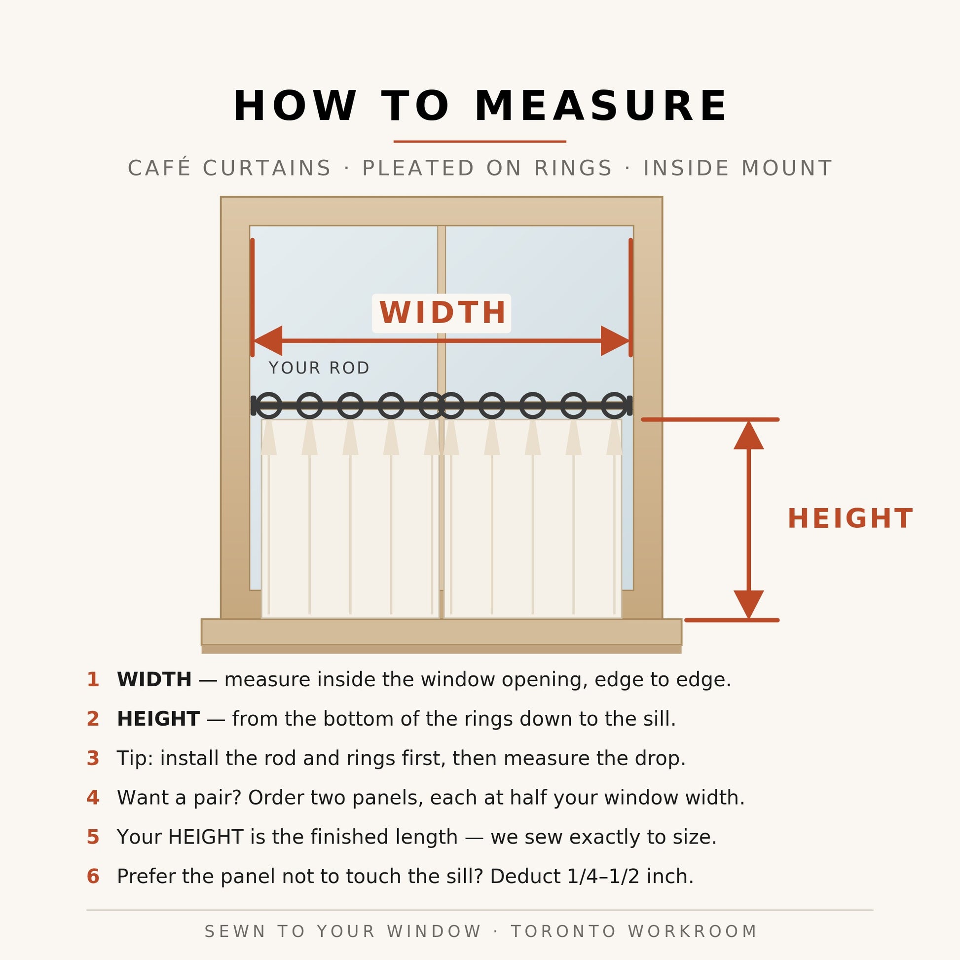 How to measure café curtains on rings, inside mount — width inside the opening, height from bottom of rings to the sill