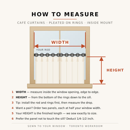 How to measure café curtains on rings, inside mount — width inside the opening, height from bottom of rings to the sill