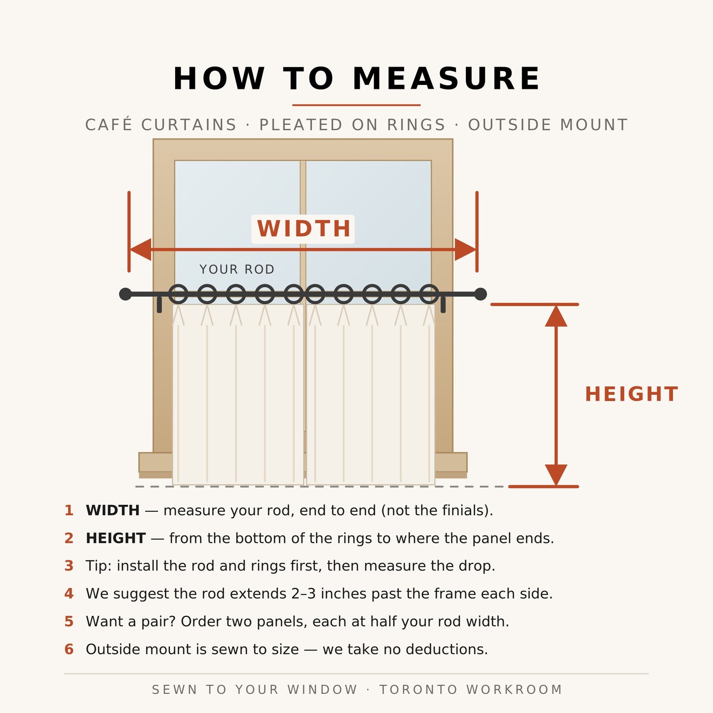 How to measure café curtains on rings, outside mount — rod width end to end, height from bottom of rings to panel end