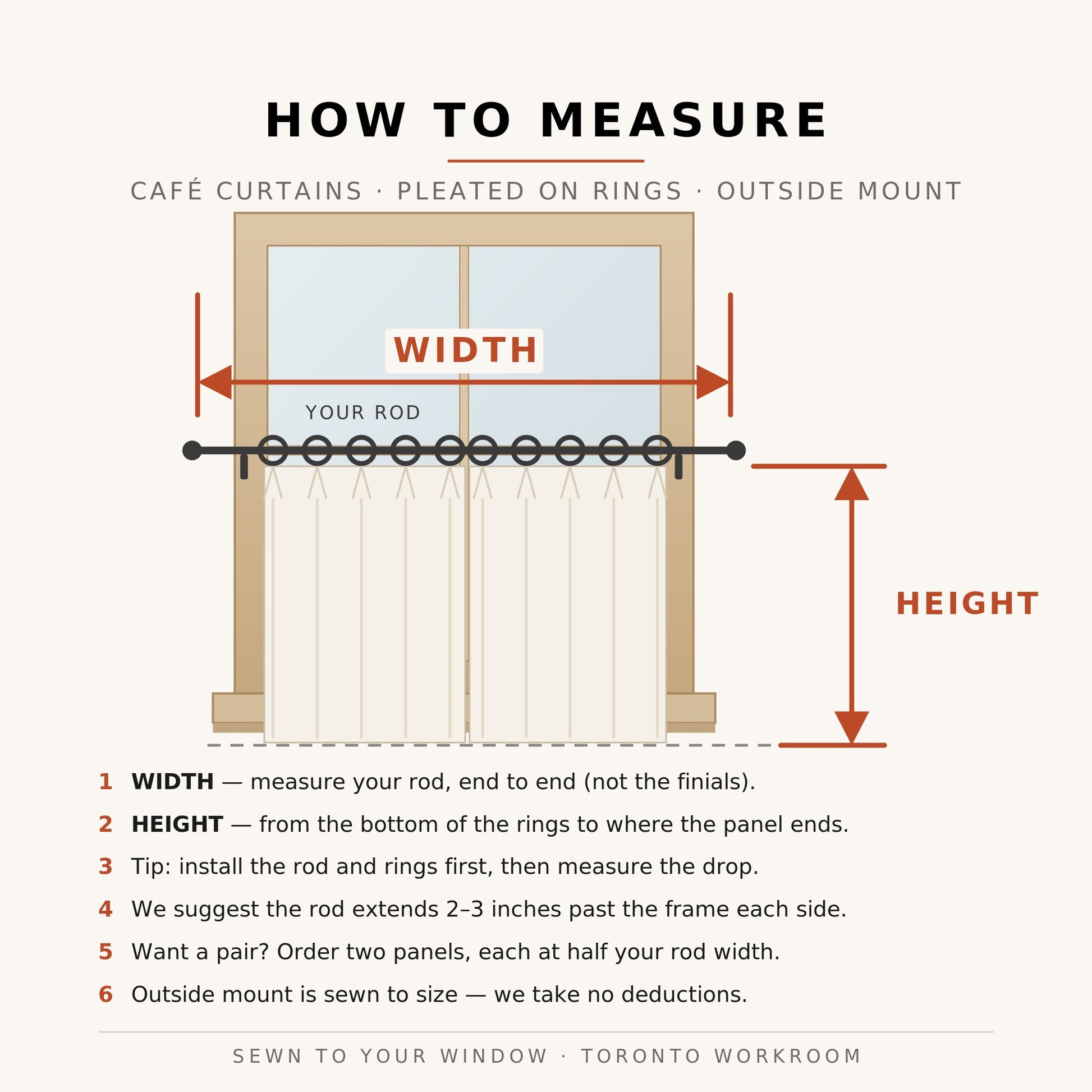 How to measure café curtains on rings, outside mount — rod width end to end, height from bottom of rings to panel end