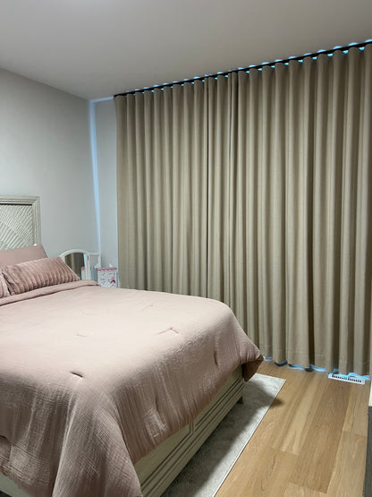 Far ripple fold drapery panel, finished made-to-order panel on a track