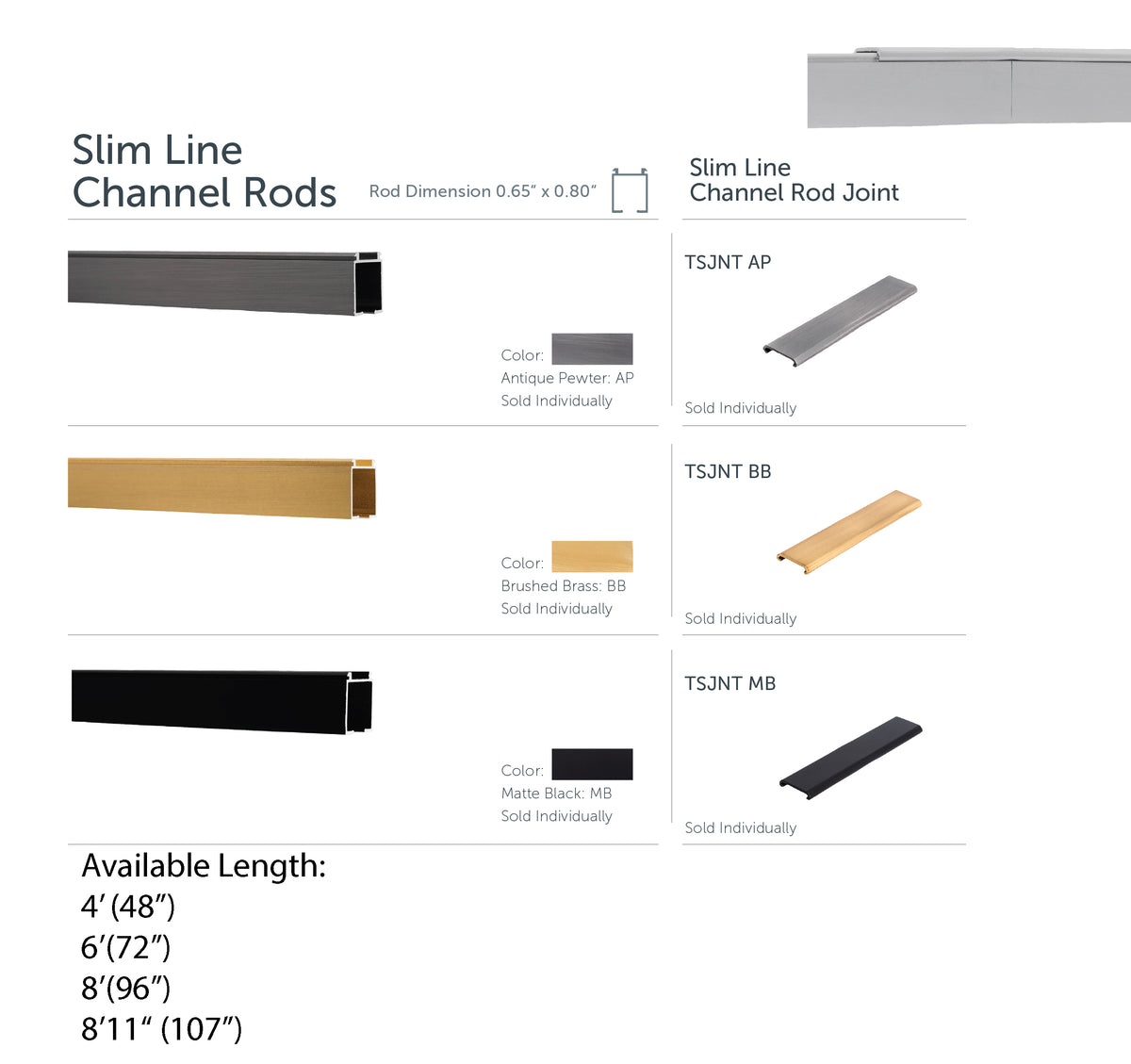 Slim line ripple fold channel rod track with glide carriers and ceiling brackets, shown in five metal finishes