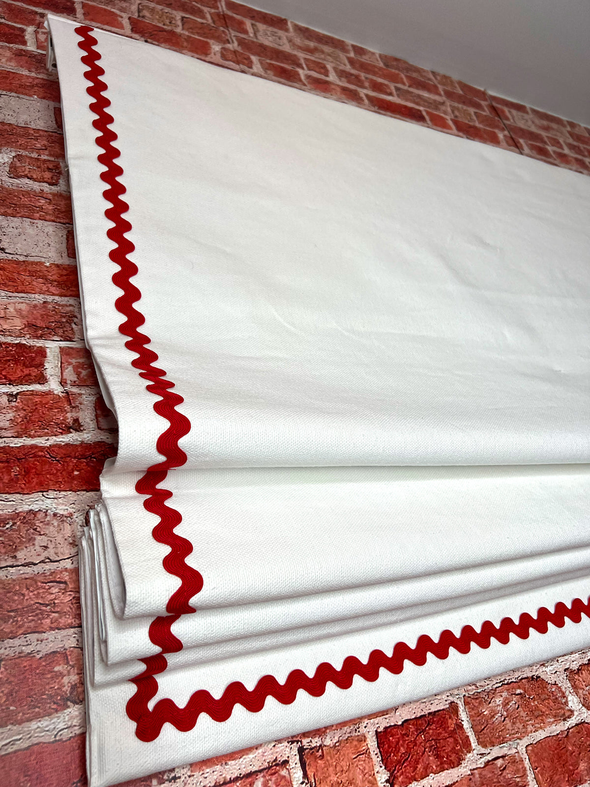 Irish Linen Flat Roman Shade — White with Red Rickrack Trim, Custom Size