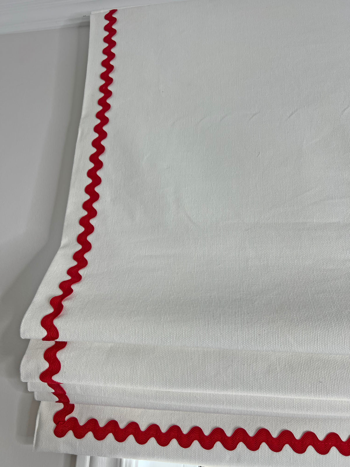 Irish Linen Flat Roman Shade — White with Red Rickrack Trim, Custom Size