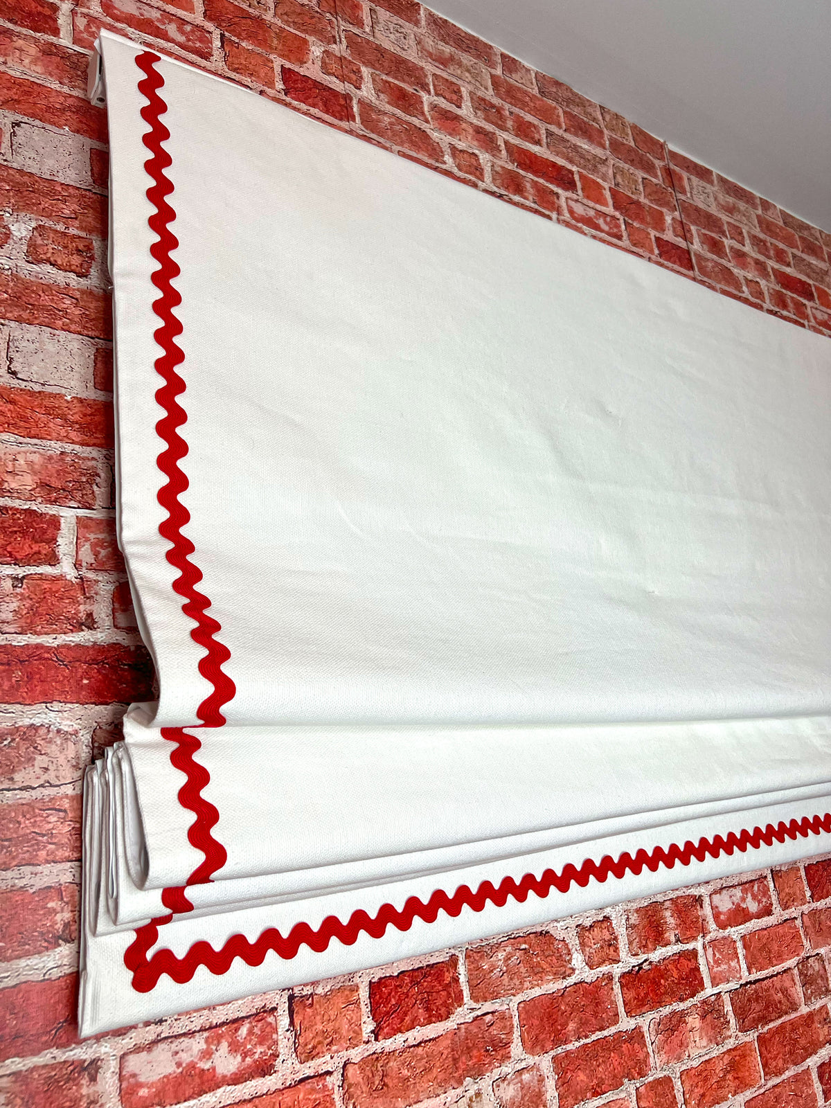 Irish Linen Flat Roman Shade — White with Red Rickrack Trim, Custom Size