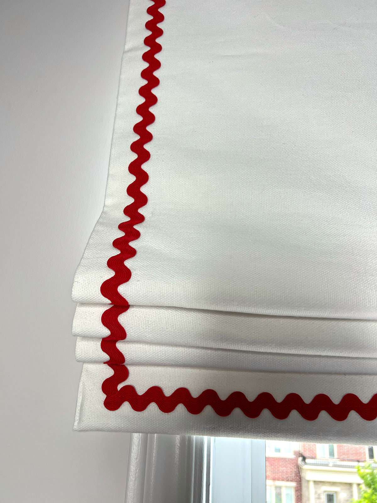 Irish Linen Flat Roman Shade — White with Red Rickrack Trim, Custom Size