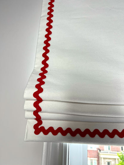 Irish Linen Flat Roman Shade — White with Red Rickrack Trim, Custom Size