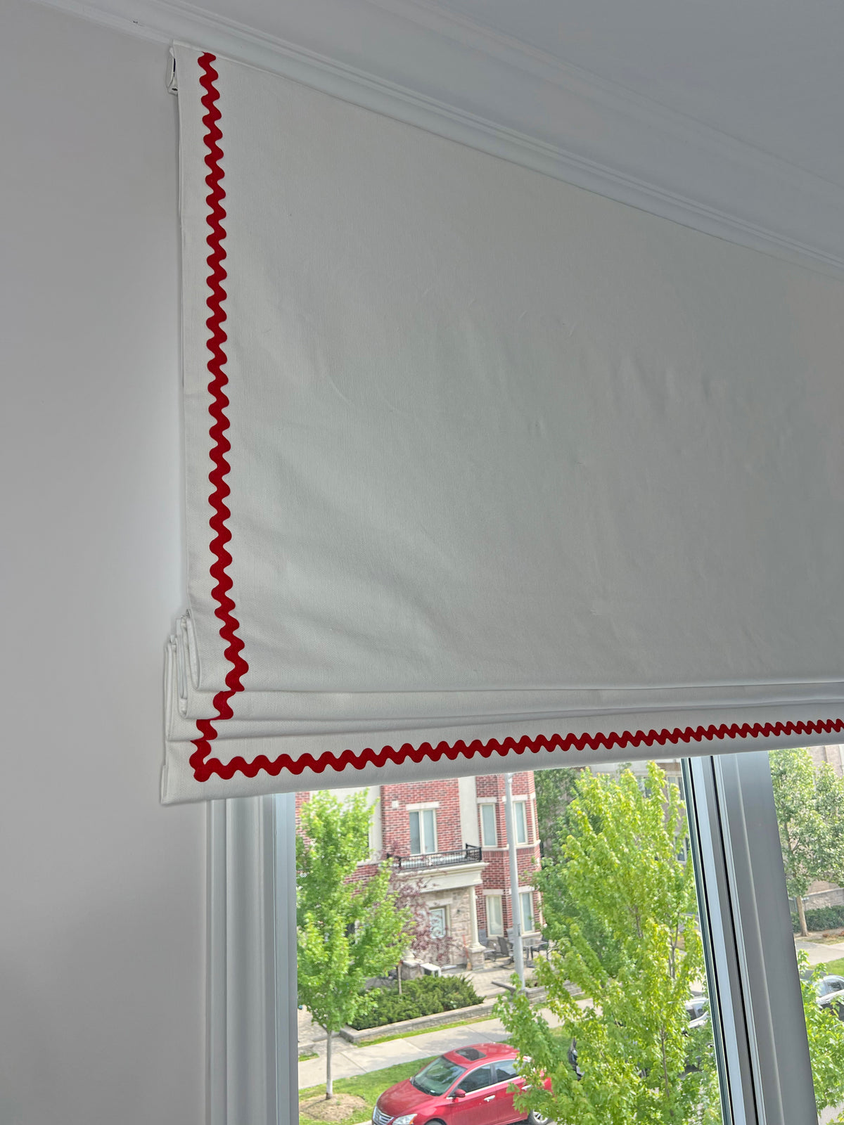 Irish Linen Flat Roman Shade — White with Red Rickrack Trim, Custom Size