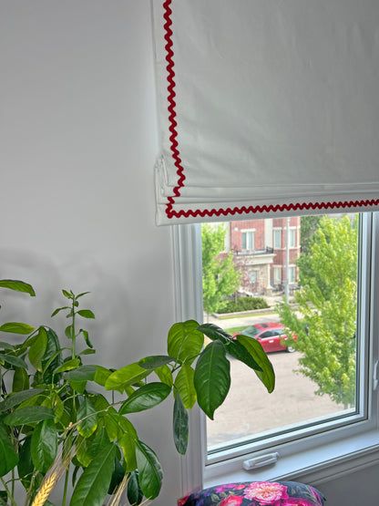 Irish Linen Flat Roman Shade — White with Red Rickrack Trim, Custom Size