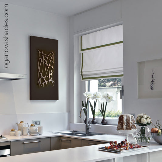Custom blackout relaxed white roman shade with valance, kitchen