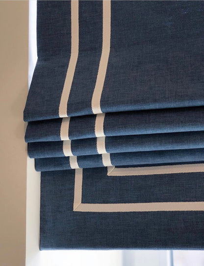Relaxed Linen Roman Shade " Tuscany Prism" with double White Ribbon Border