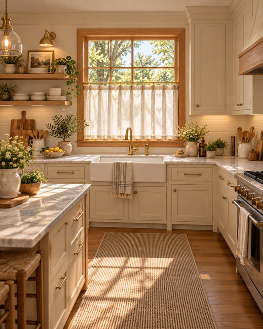 Pleated cafe curtains in Brent Almond across a sunlit farmhouse kitchen window with brass fixtures