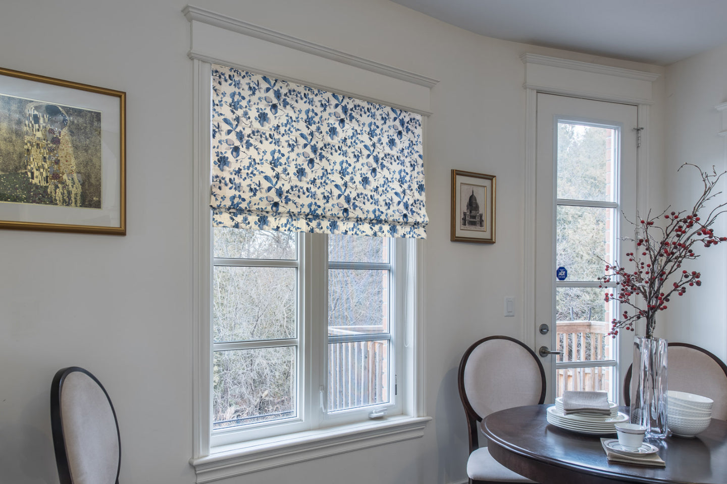 Blue Flowers Floral Pattern Flat Roman Shade