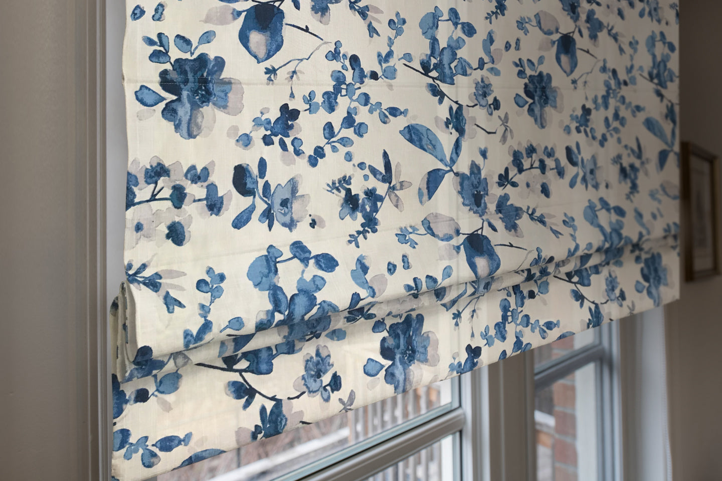 Blue Flowers Floral Pattern Flat Roman Shade