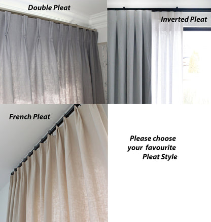Three pleat heading styles for cafe curtains: double pinch, French three-finger and inverted box pleat, shown side by side.