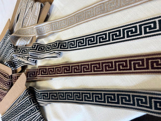 Cheval White Relaxed Roman Shade with Greek Key Trim — Custom Size