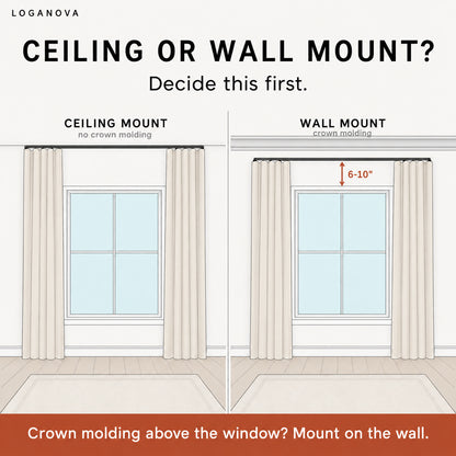 Ripple fold drapery: ceiling mount with no crown molding, or wall mount 6-10 inches above the window