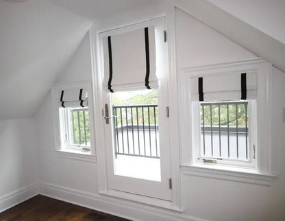 Custom made roman shade, Roman Shade "White with black trim", 100% linen roman shade, flat style with chain mechanism, window treatments