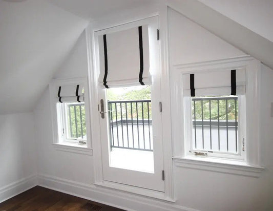 Linen flat roman shade, white with black trim
