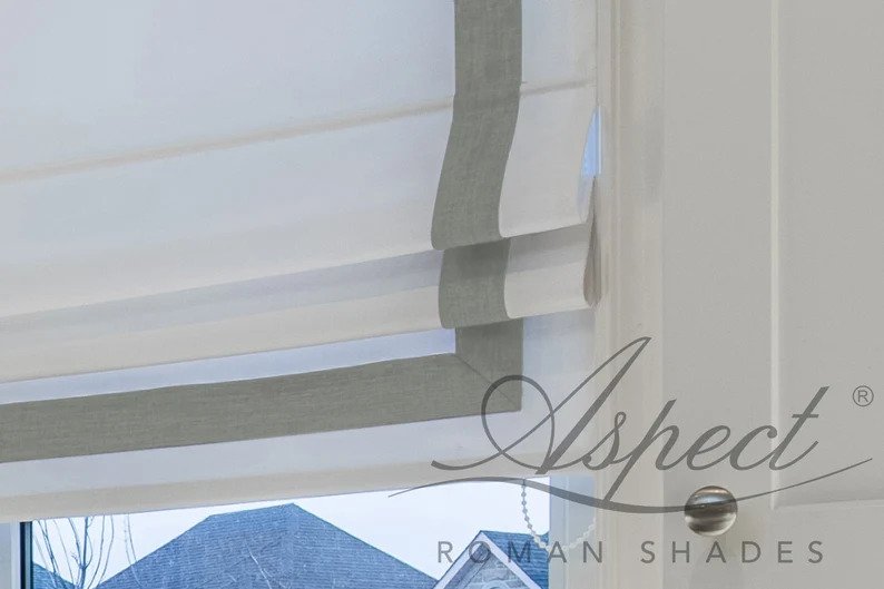 Cheval White Flat Roman Shade with Silver Border — Custom Size