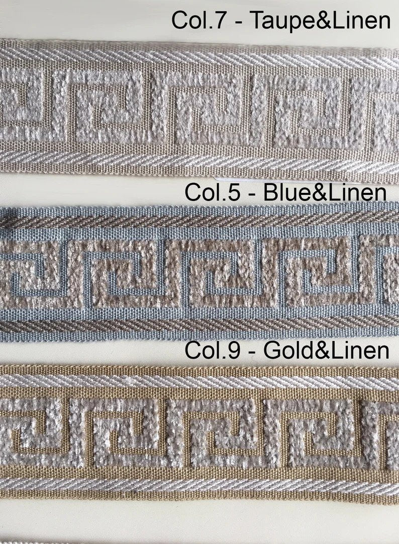 Cheval White Relaxed Roman Shade with Greek Key Trim — Custom Size