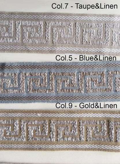 Cheval White Relaxed Roman Shade with Greek Key Trim — Custom Size
